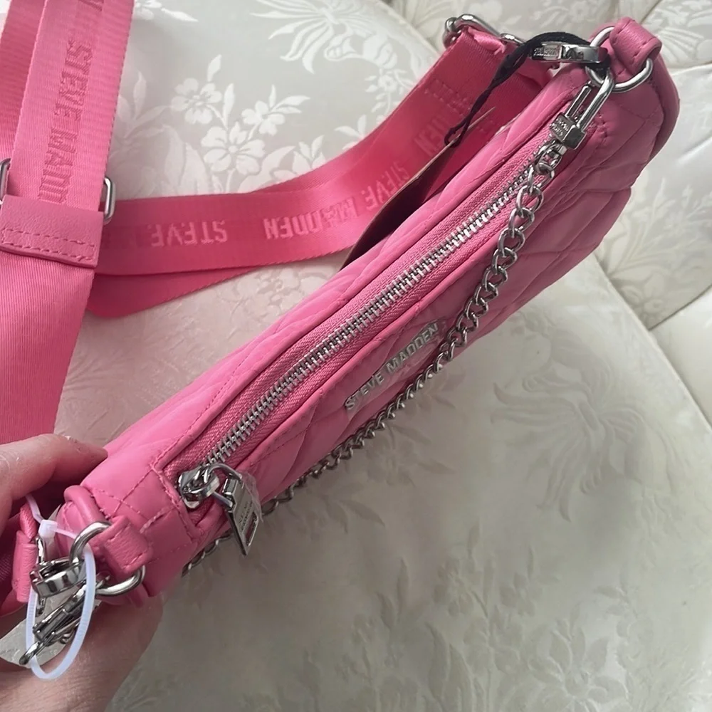 Brand New Steve Madden Raspberry Quilt Stitch Chain Wide Strap Crossbody Purse